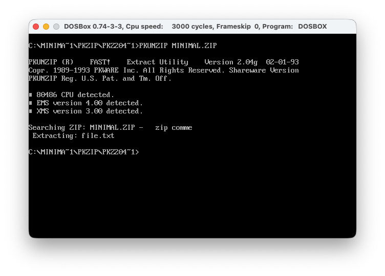 pkunzip 2.04g doing it&rsquo;s work